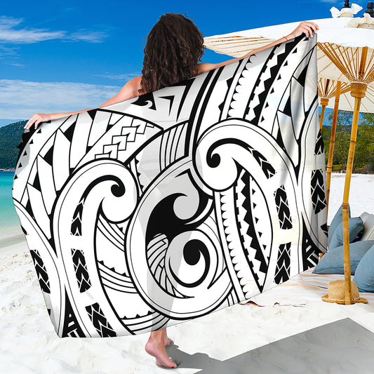 Black And White Maori Pattern Print Beach Sarong Wrap