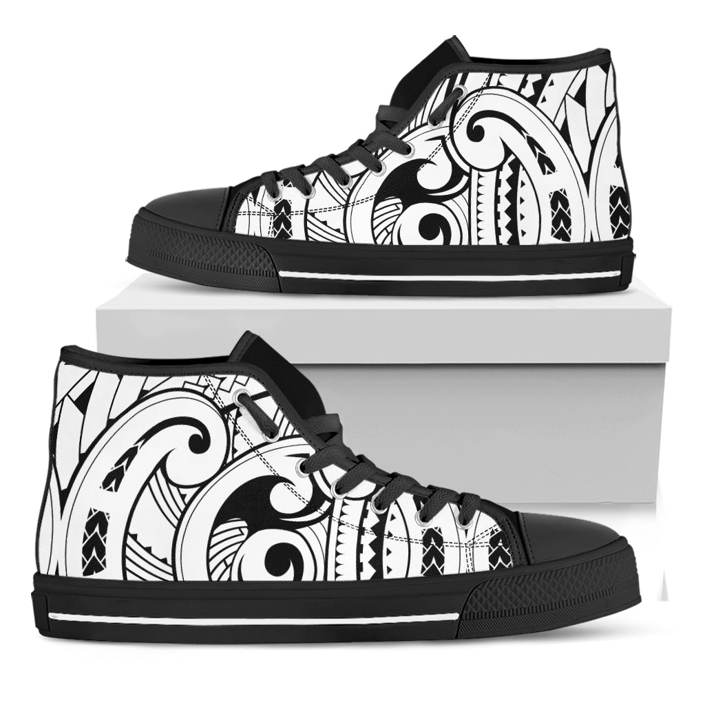 Black And White Maori Pattern Print Black High Top Shoes