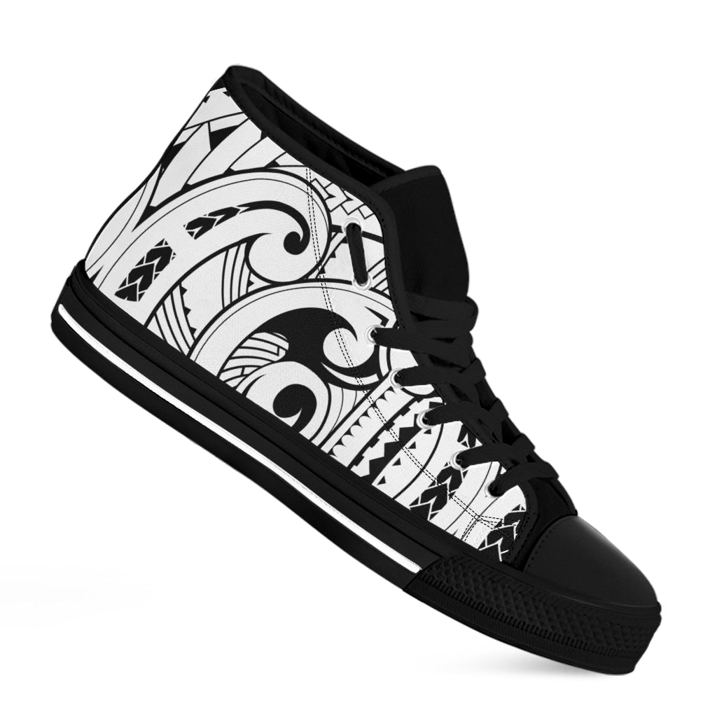 Black And White Maori Pattern Print Black High Top Shoes