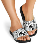 Black And White Maori Pattern Print Black Slide Sandals