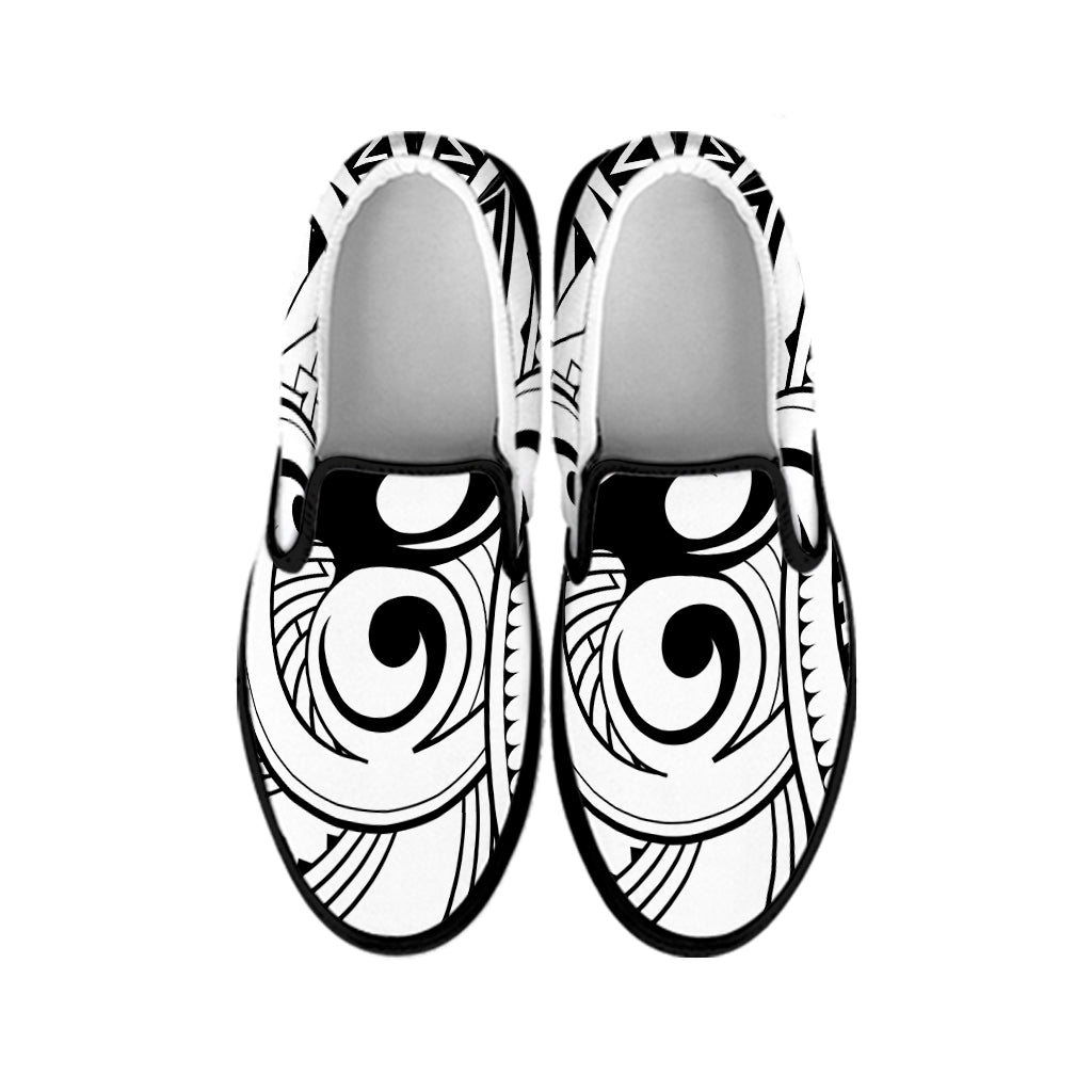 Black And White Maori Pattern Print Black Slip On Shoes