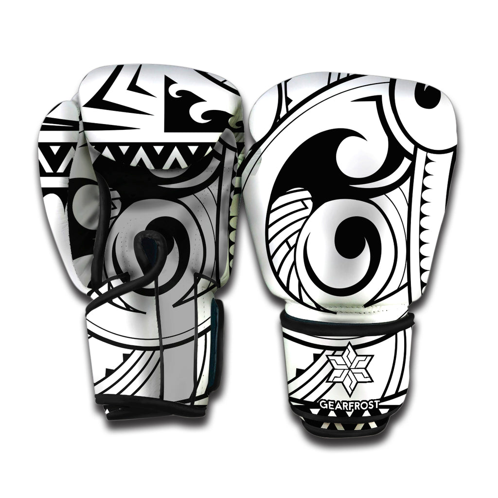 Black And White Maori Pattern Print Boxing Gloves