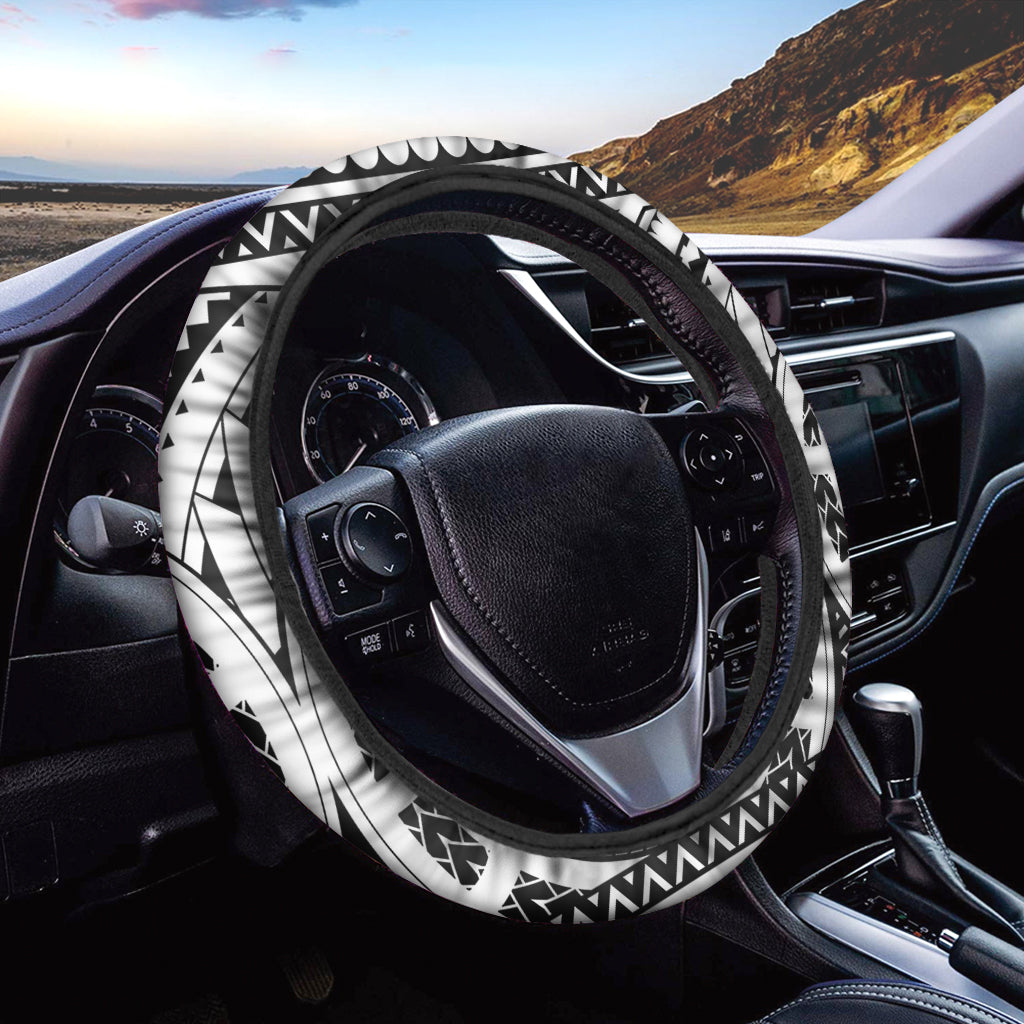 Black And White Maori Pattern Print Car Steering Wheel Cover