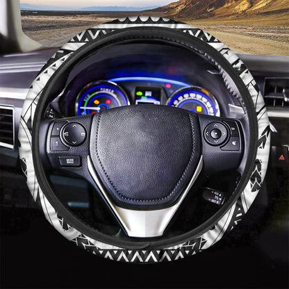 Black And White Maori Pattern Print Car Steering Wheel Cover