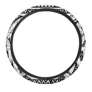 Black And White Maori Pattern Print Car Steering Wheel Cover