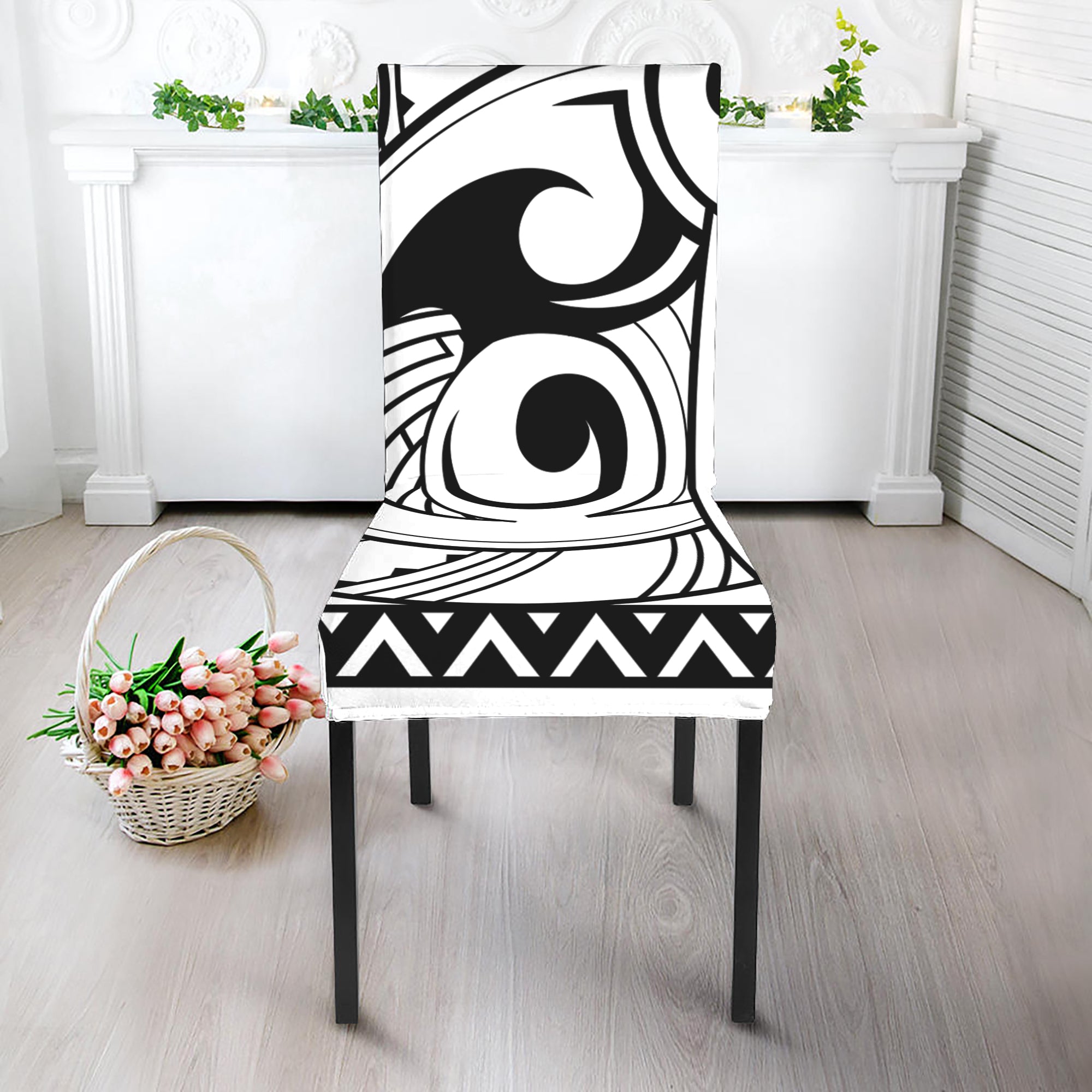 Black And White Maori Pattern Print Dining Chair Slipcover