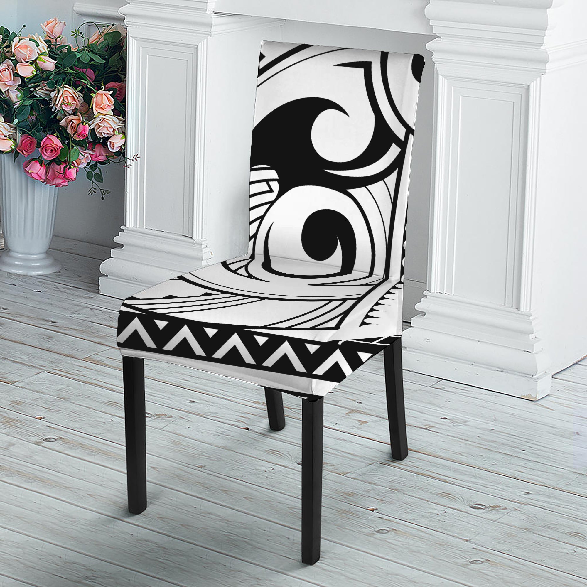 Black And White Maori Pattern Print Dining Chair Slipcover