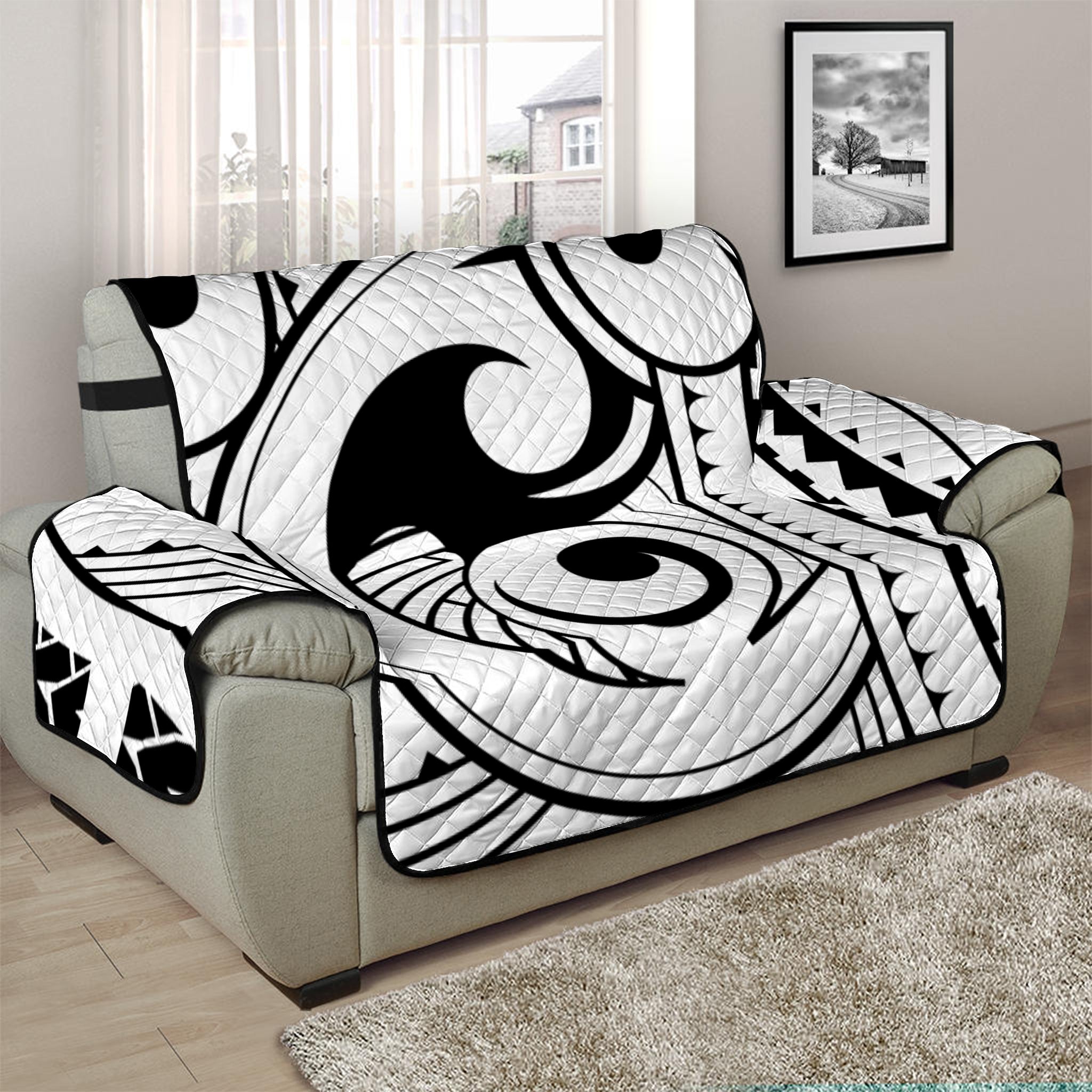 Black And White Maori Pattern Print Half Sofa Protector