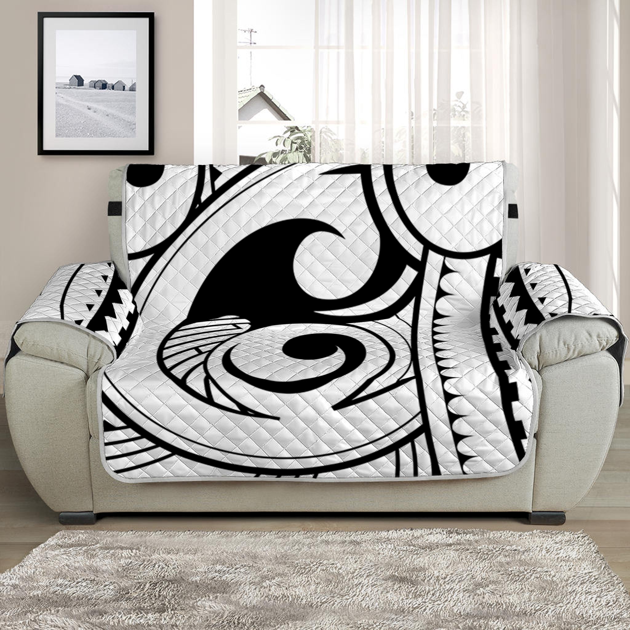 Black And White Maori Pattern Print Half Sofa Protector