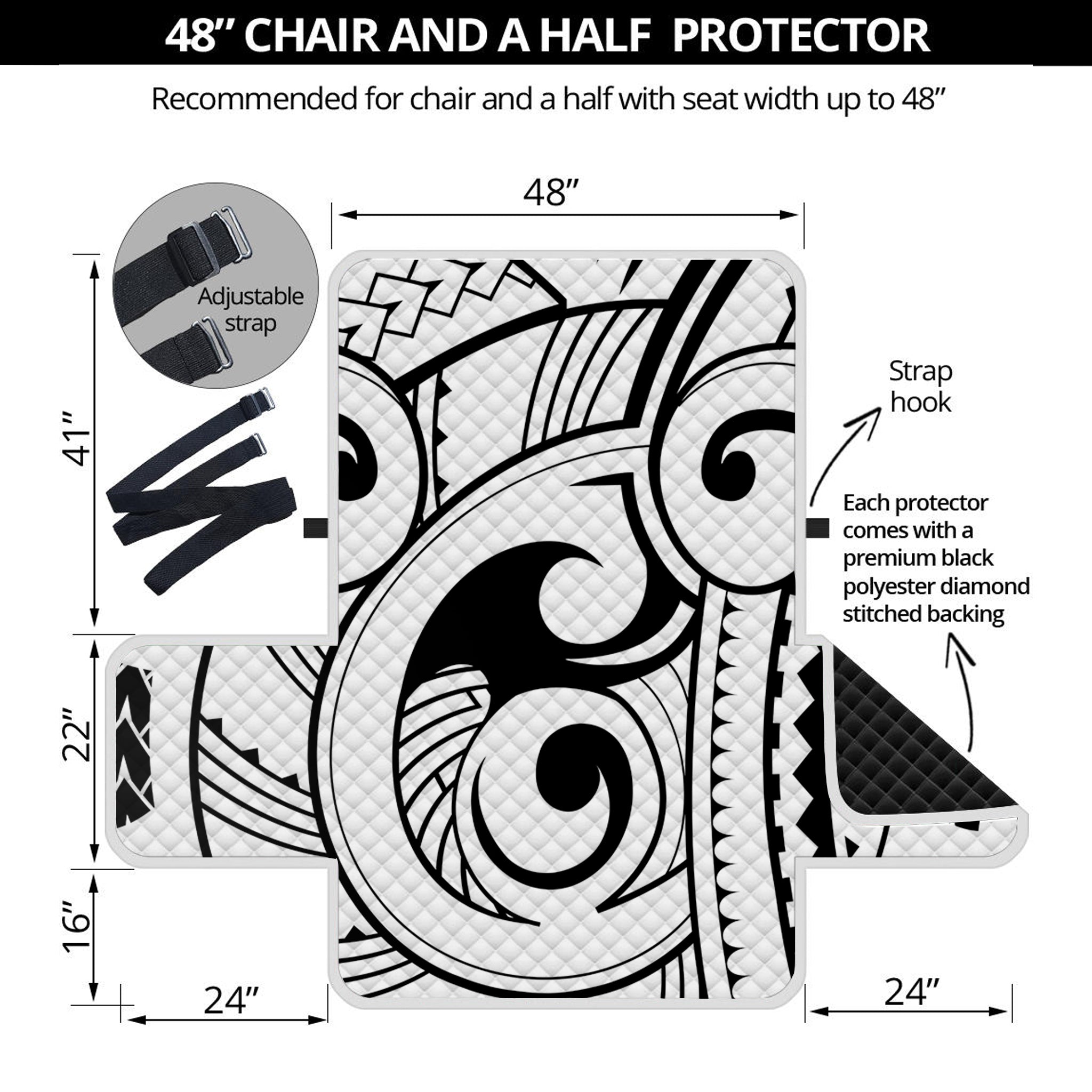 Black And White Maori Pattern Print Half Sofa Protector