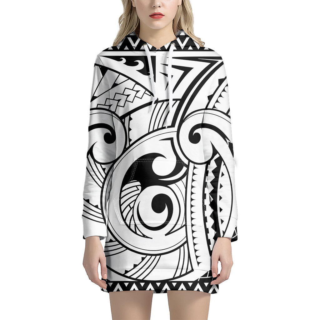 Black And White Maori Pattern Print Hoodie Dress