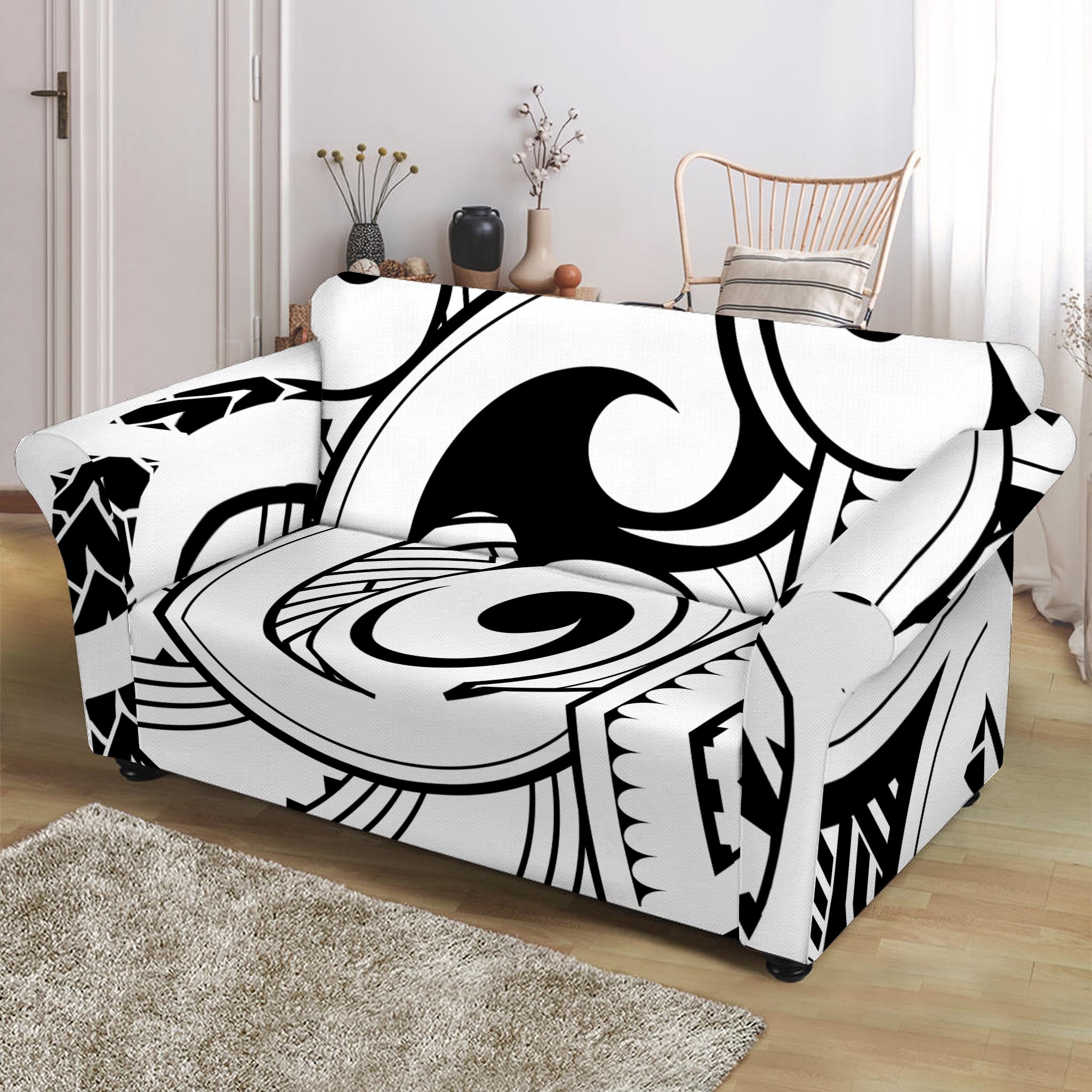 Black And White Maori Pattern Print Loveseat Slipcover