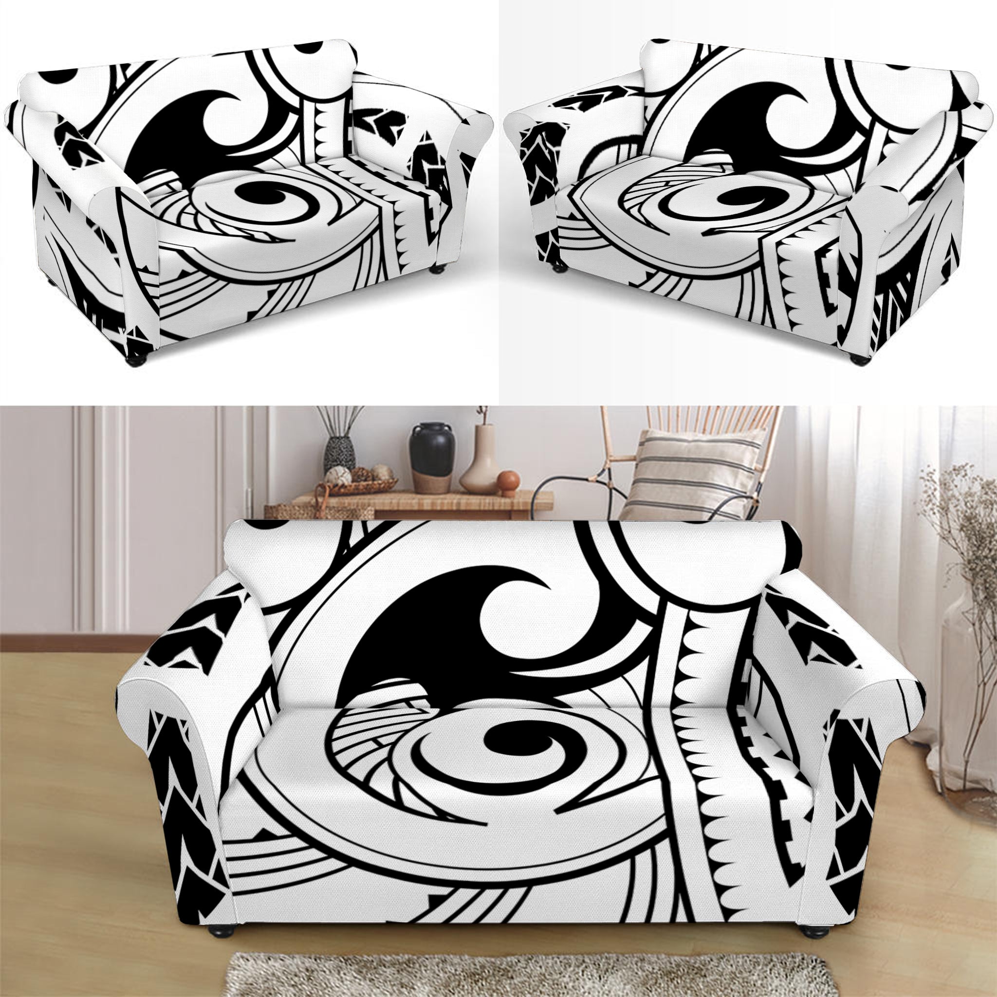 Black And White Maori Pattern Print Loveseat Slipcover