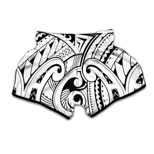 Black And White Maori Pattern Print Muay Thai Boxing Shorts