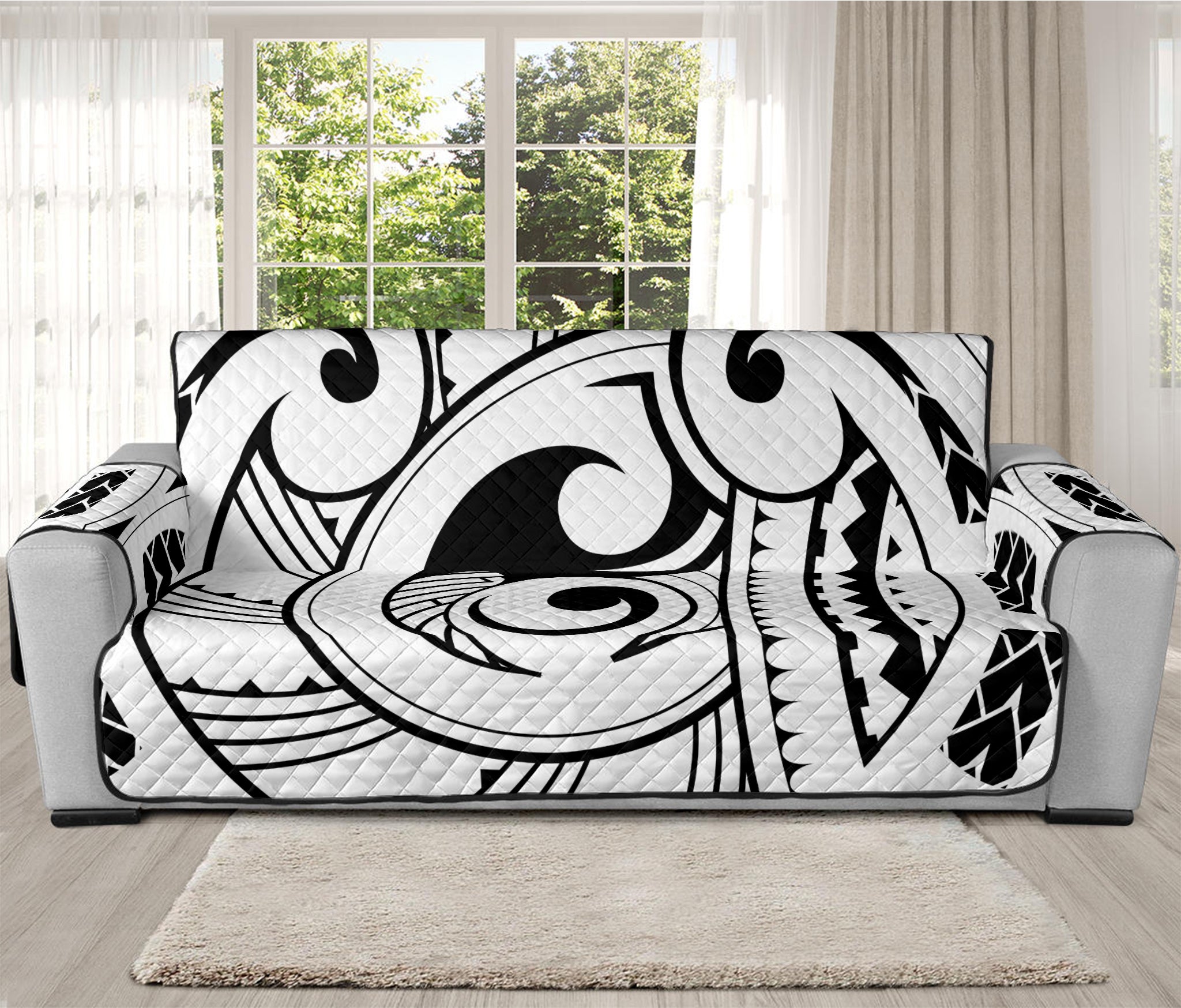 Black And White Maori Pattern Print Oversized Sofa Protector