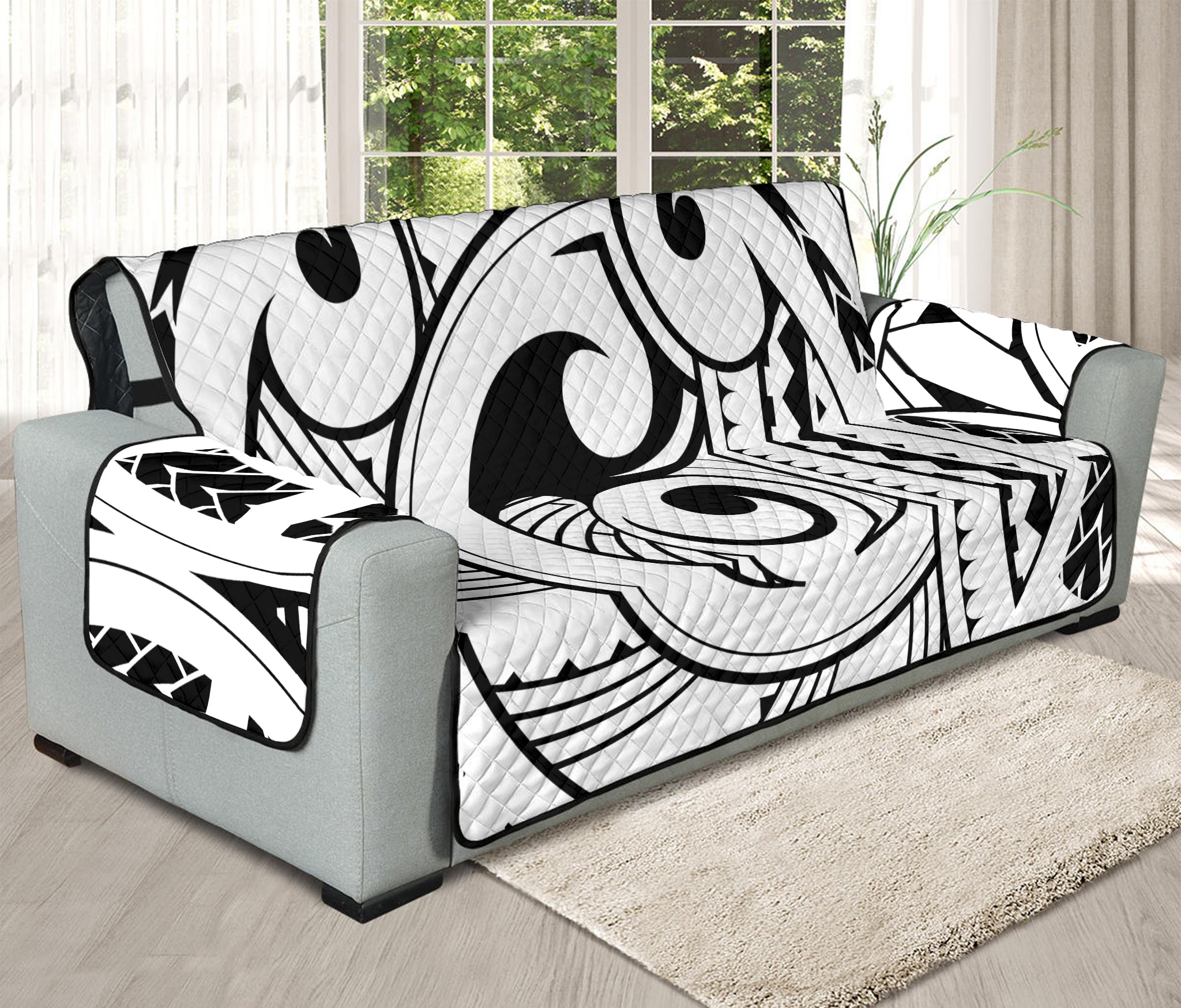 Black And White Maori Pattern Print Oversized Sofa Protector