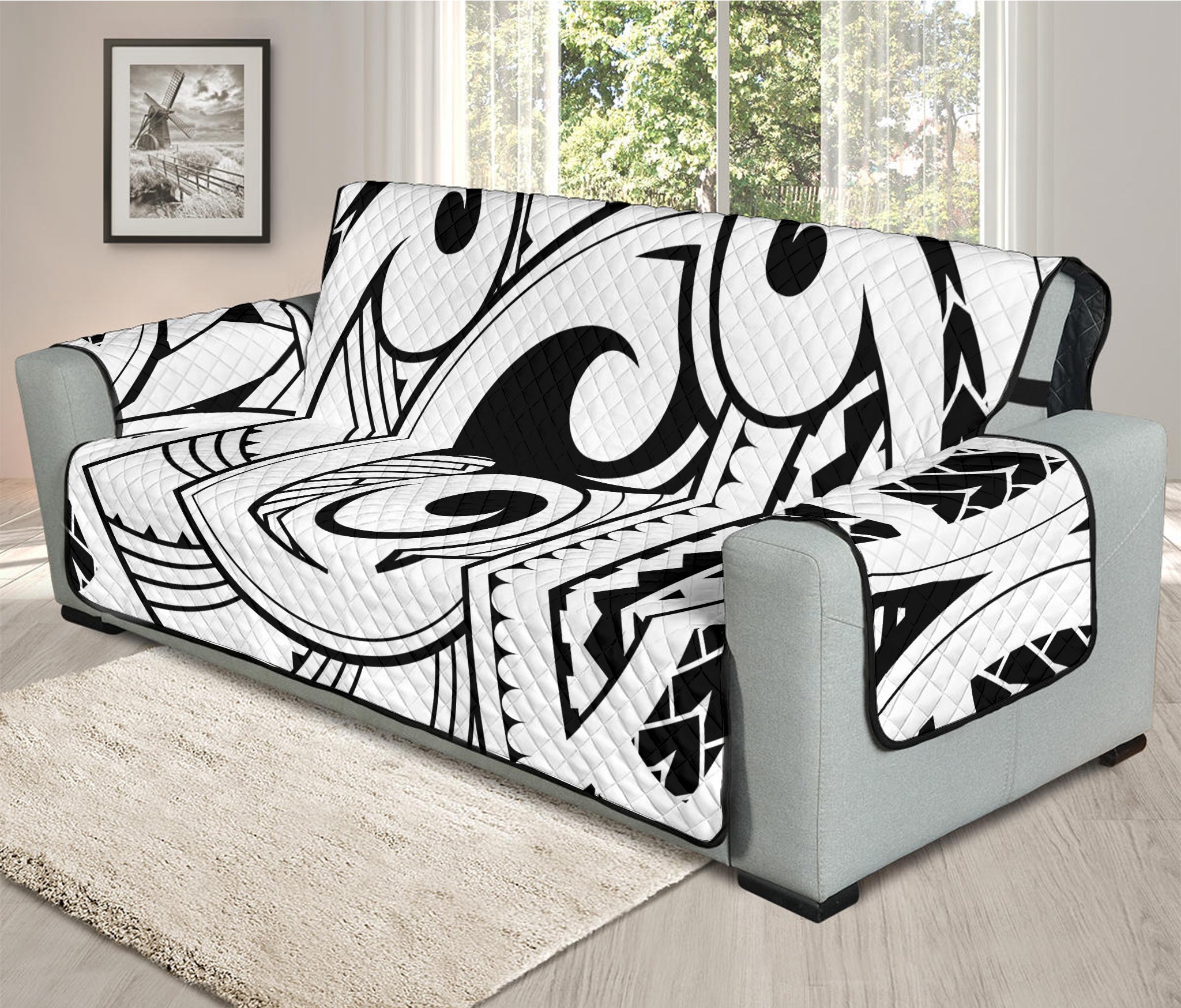 Black And White Maori Pattern Print Oversized Sofa Protector