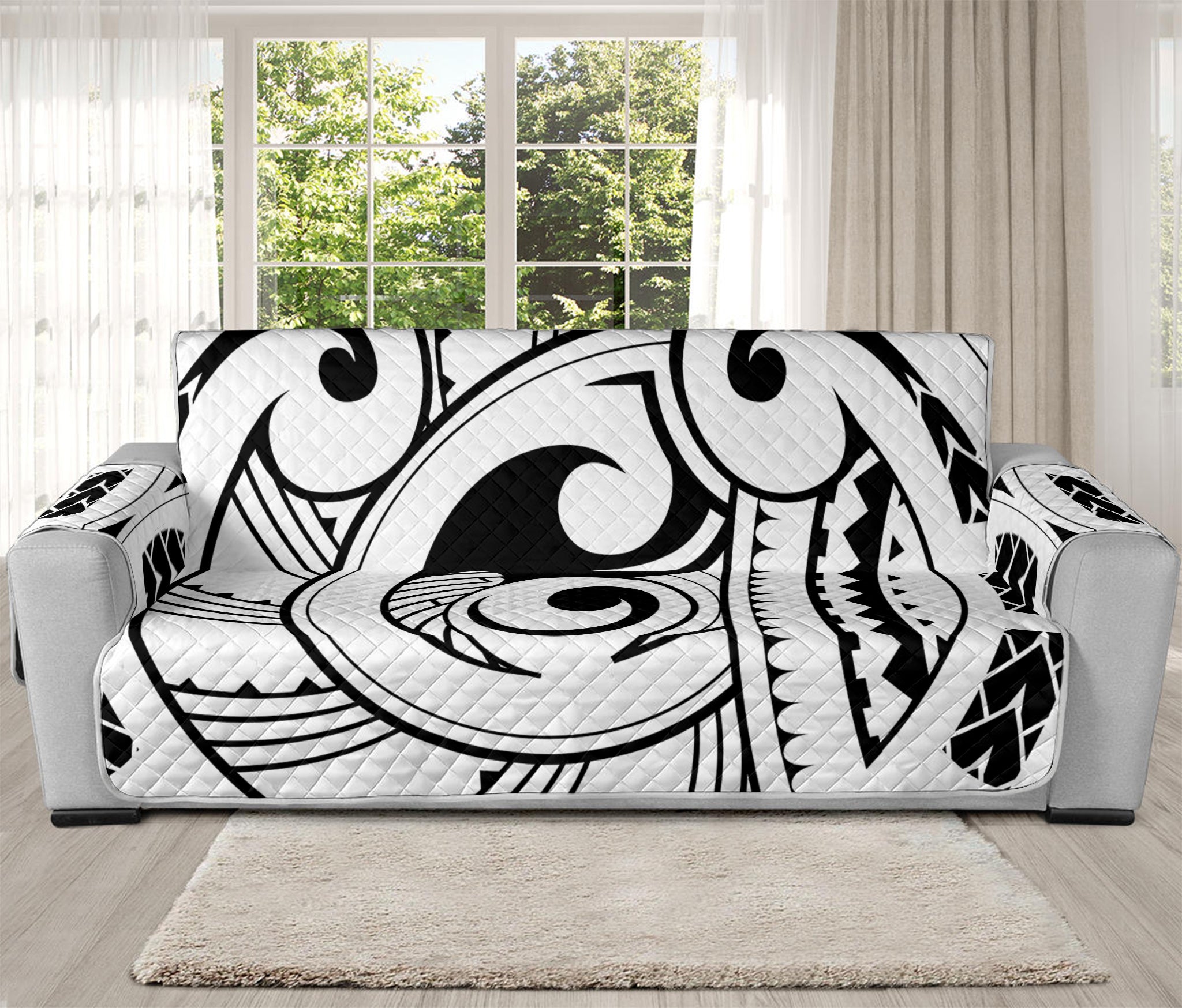 Black And White Maori Pattern Print Oversized Sofa Protector