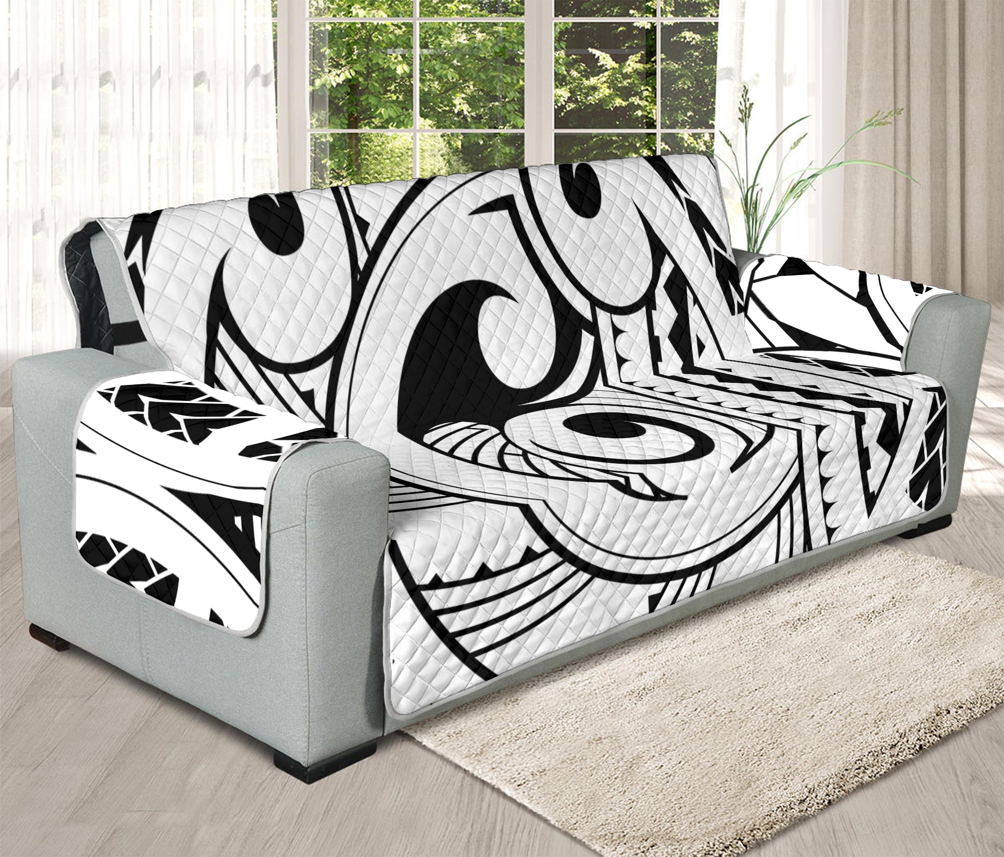 Black And White Maori Pattern Print Oversized Sofa Protector