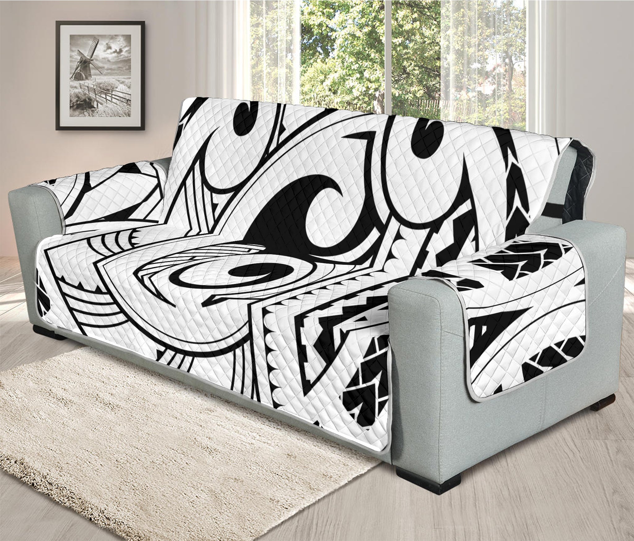 Black And White Maori Pattern Print Oversized Sofa Protector