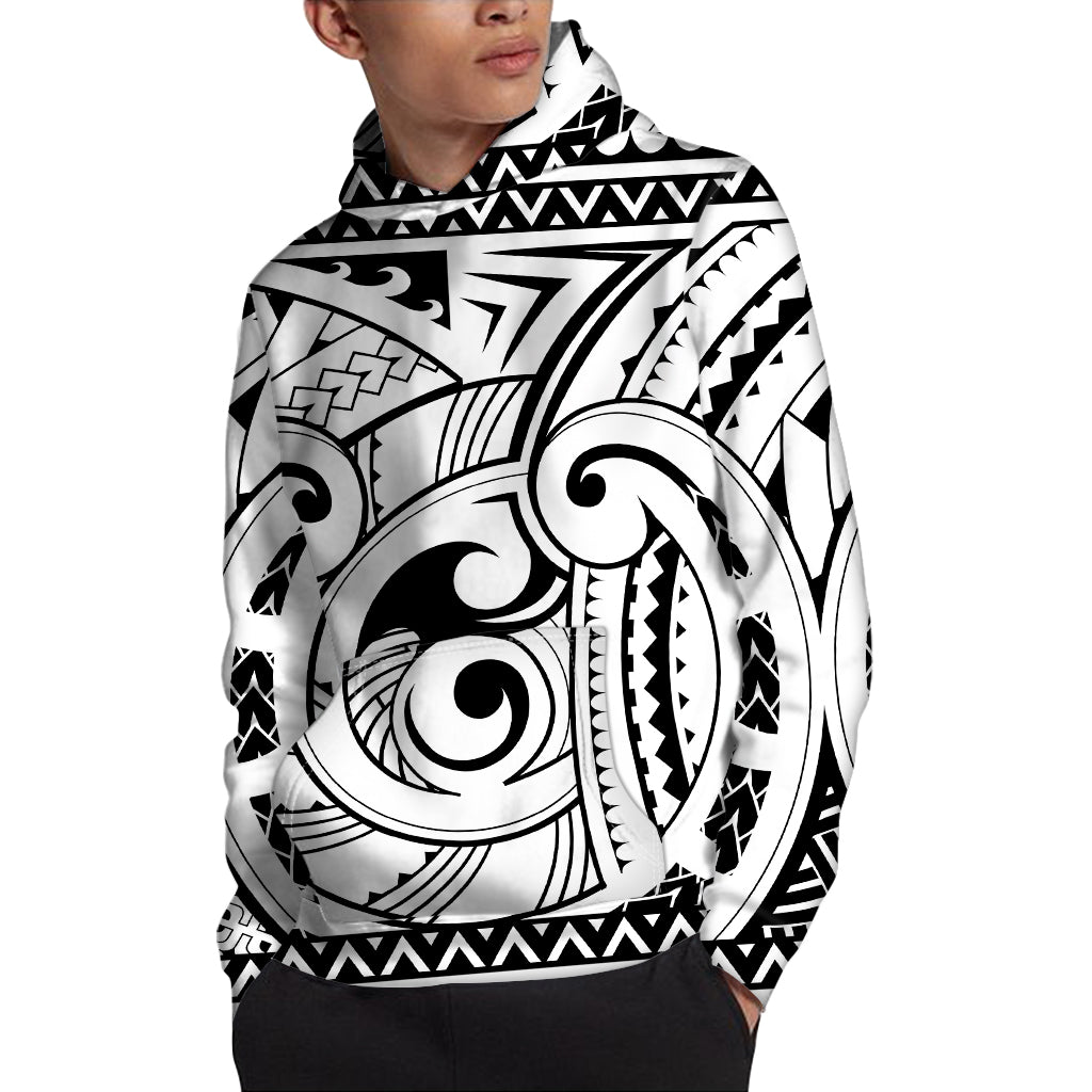 Black And White Maori Pattern Print Pullover Hoodie