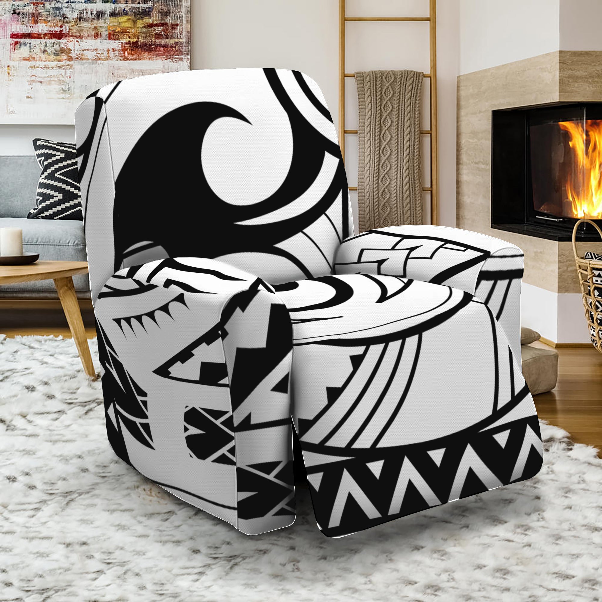 Black And White Maori Pattern Print Recliner Slipcover