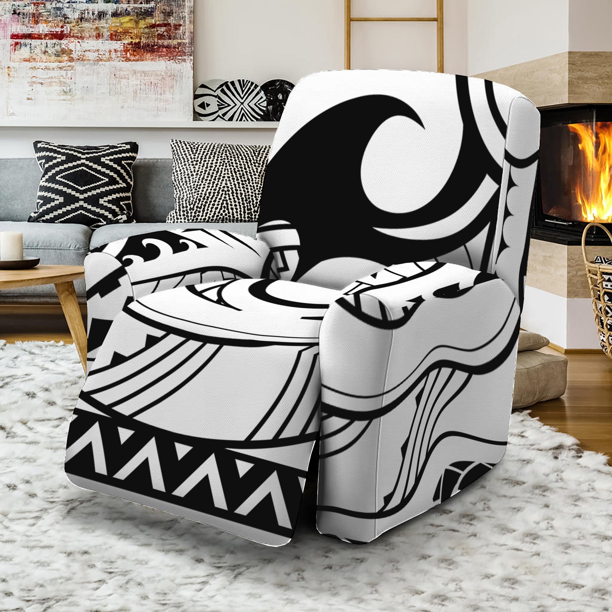 Black And White Maori Pattern Print Recliner Slipcover