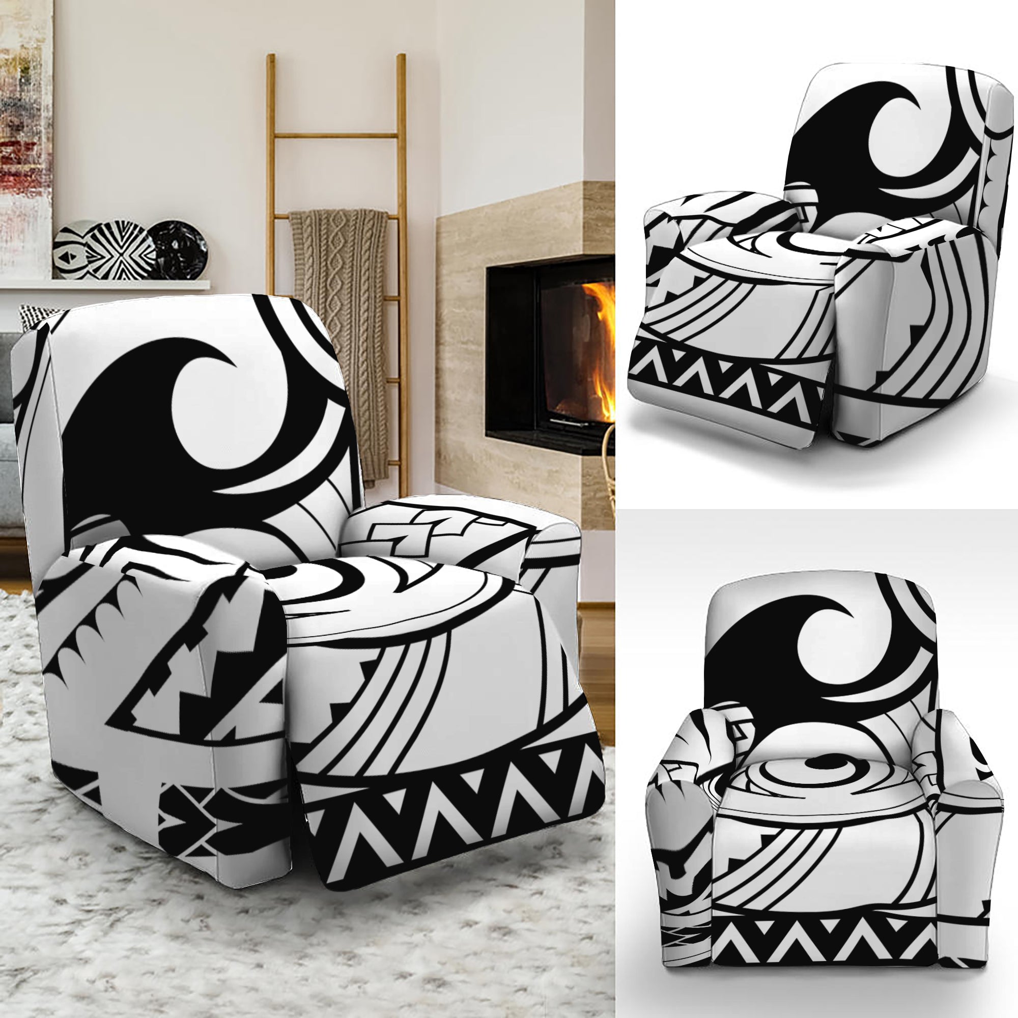 Black And White Maori Pattern Print Recliner Slipcover