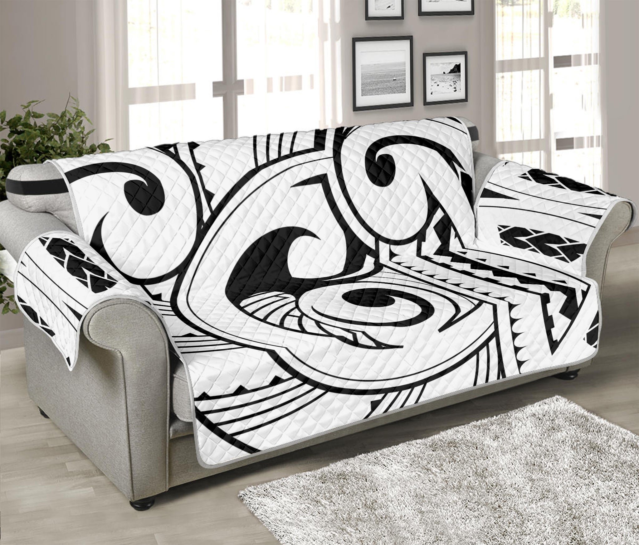 Black And White Maori Pattern Print Sofa Protector