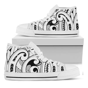 Black And White Maori Pattern Print White High Top Shoes