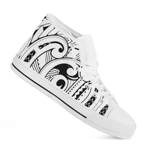 Black And White Maori Pattern Print White High Top Shoes