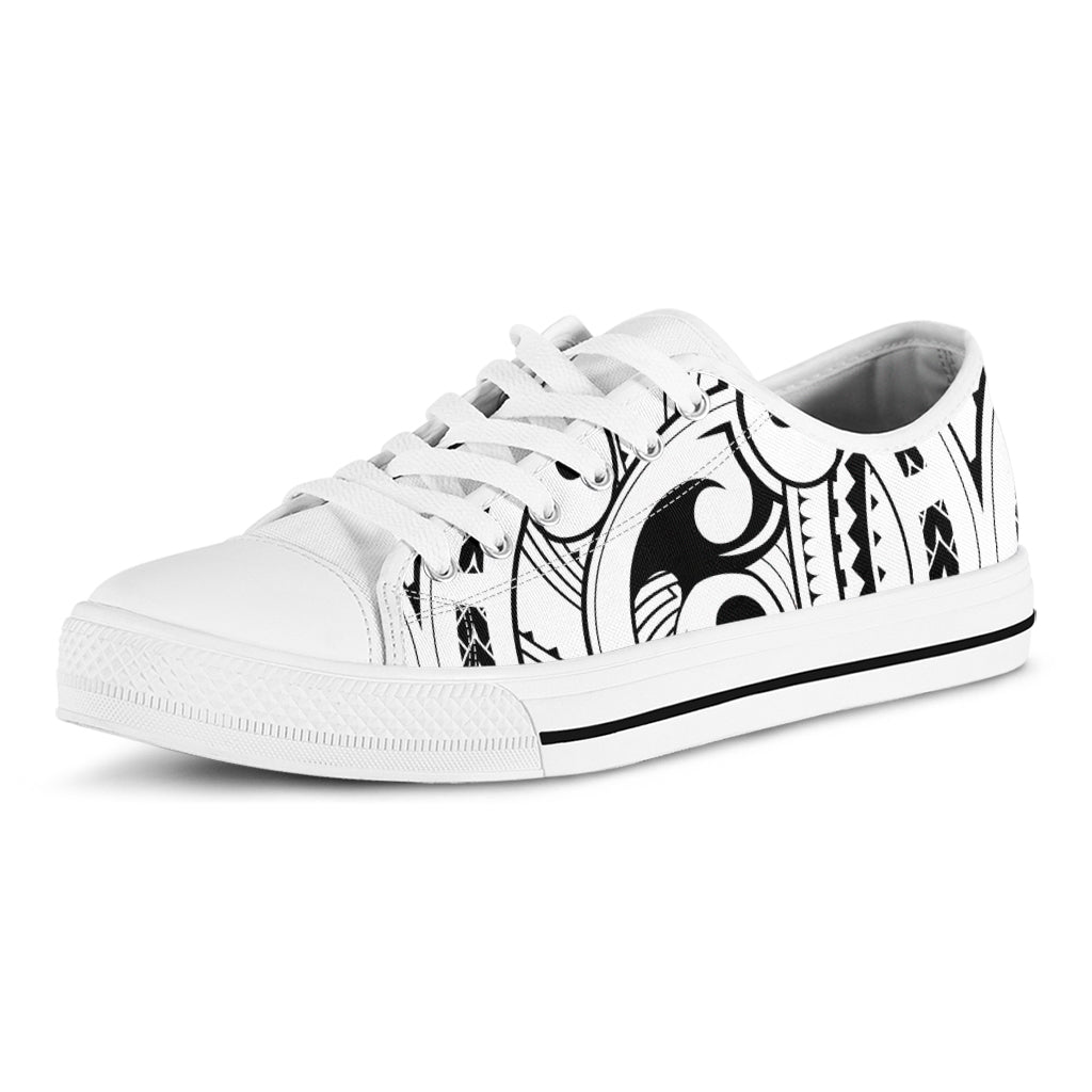 Black And White Maori Pattern Print White Low Top Shoes