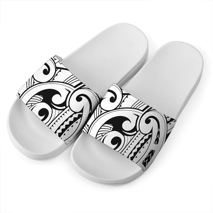 Black And White Maori Pattern Print White Slide Sandals
