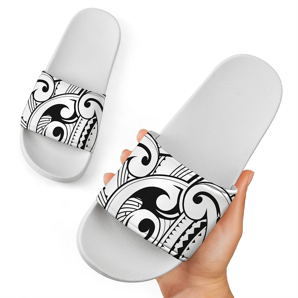 Black And White Maori Pattern Print White Slide Sandals