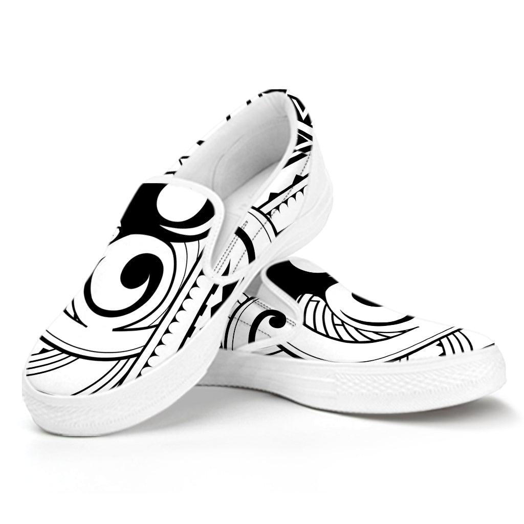 Black And White Maori Pattern Print White Slip On Shoes