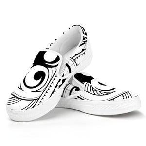 Black And White Maori Pattern Print White Slip On Shoes