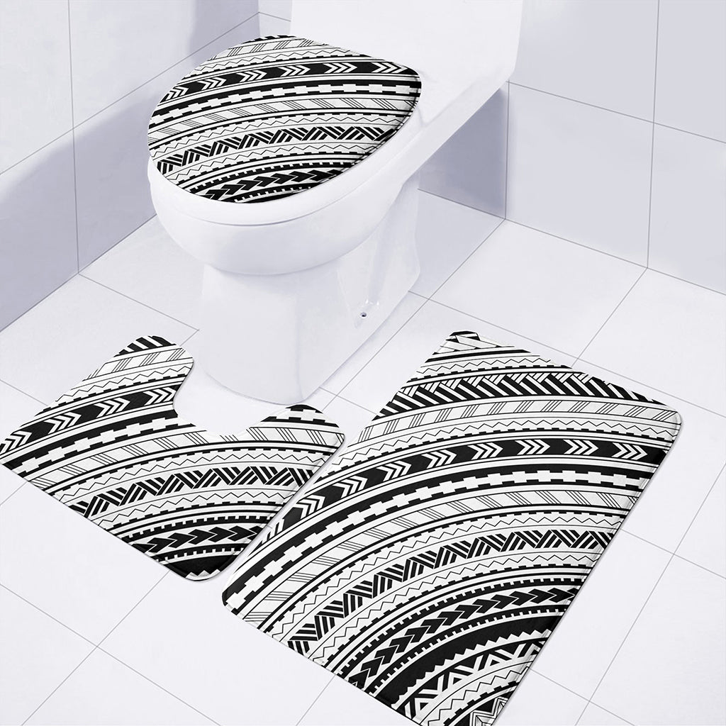 Black And White Maori Polynesian Print 3 Piece Bath Mat Set