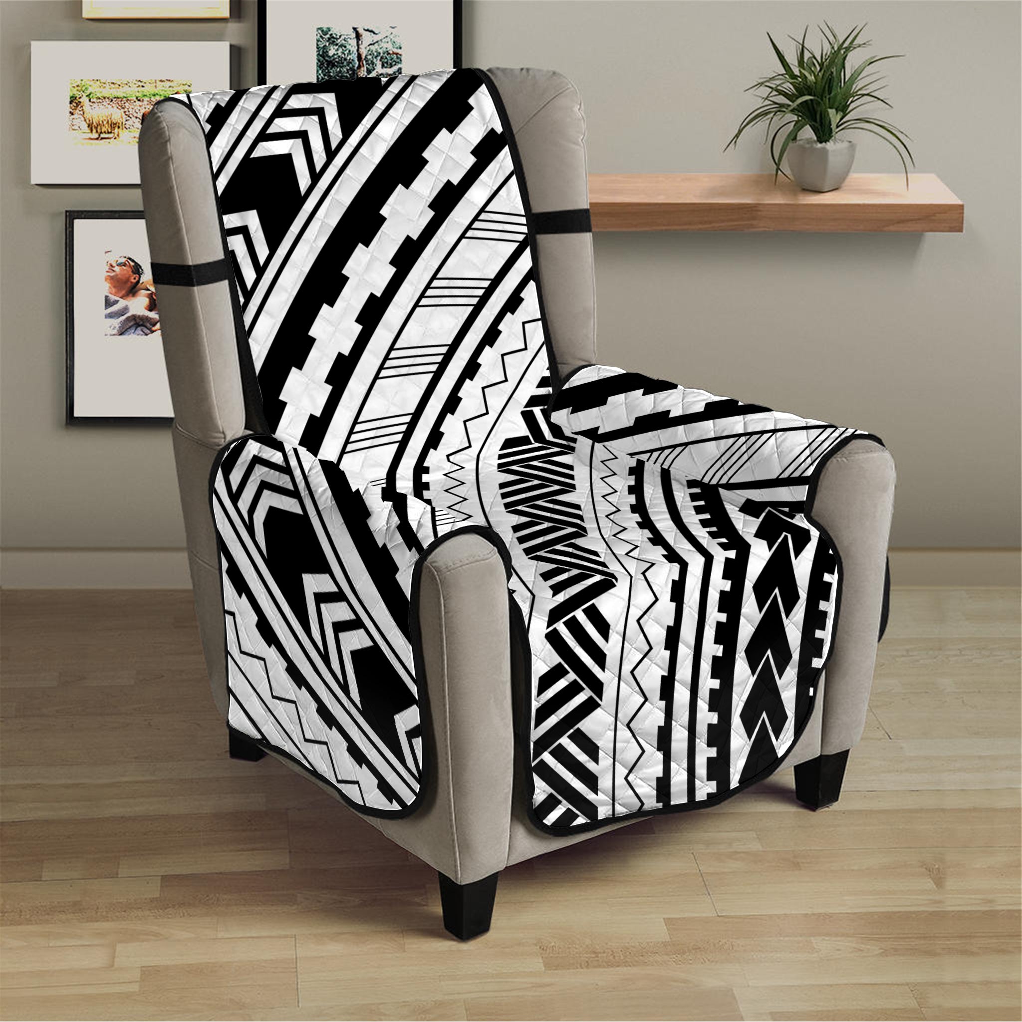 Black And White Maori Polynesian Print Armchair Protector