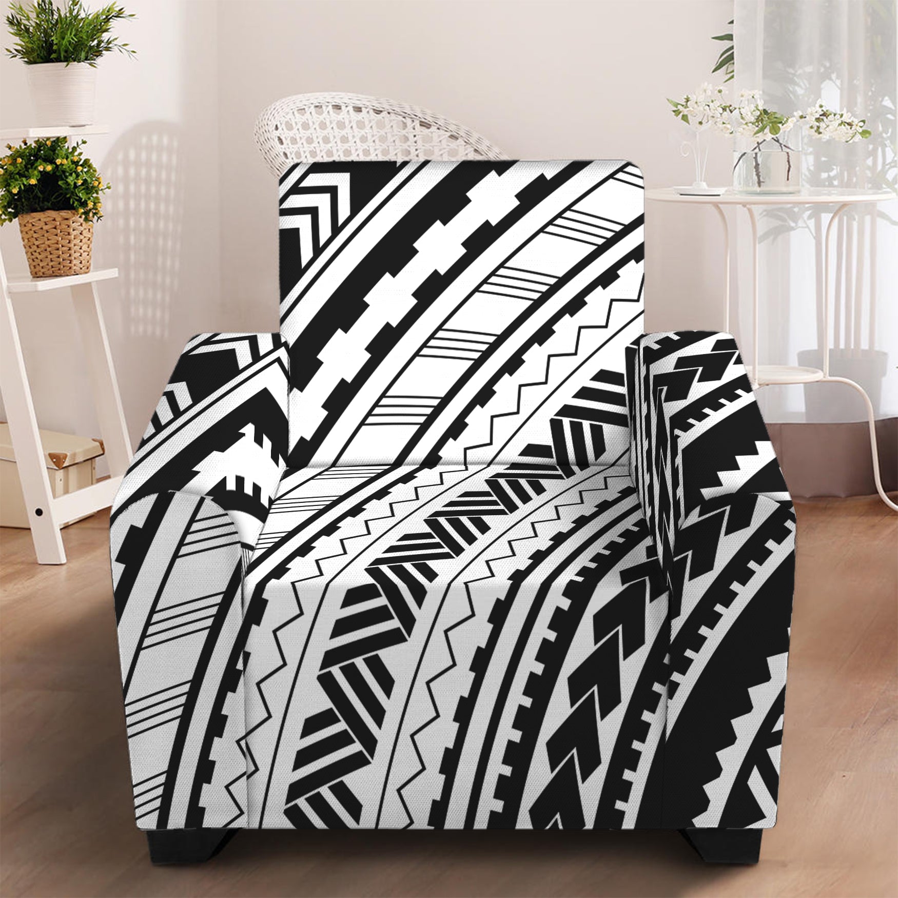 Black And White Maori Polynesian Print Armchair Slipcover