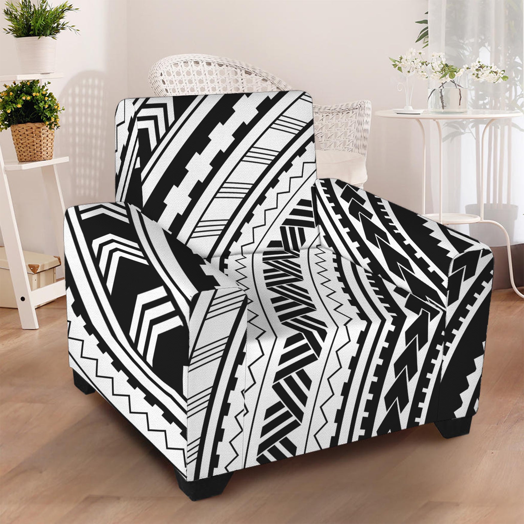 Black And White Maori Polynesian Print Armchair Slipcover