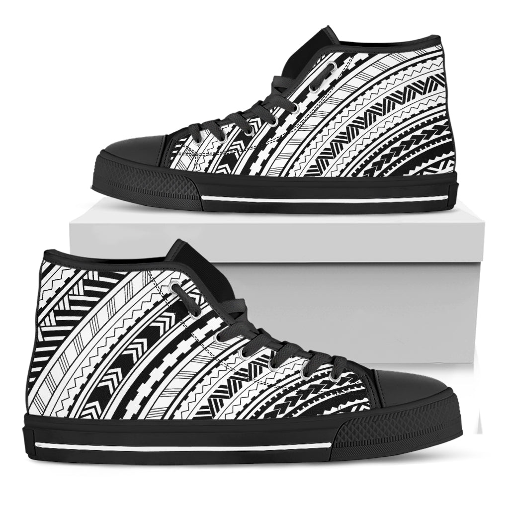 Black And White Maori Polynesian Print Black High Top Shoes