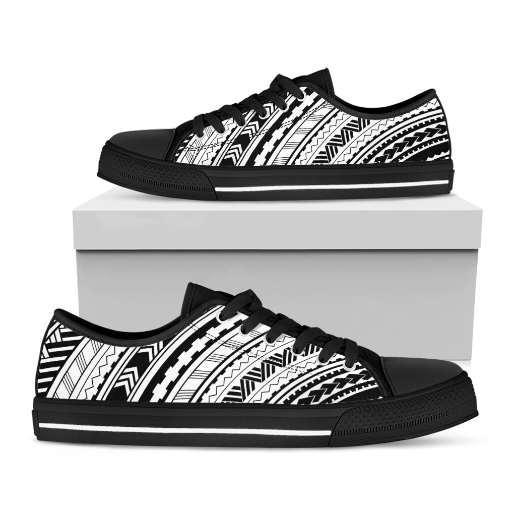 Black And White Maori Polynesian Print Black Low Top Shoes