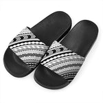 Black And White Maori Polynesian Print Black Slide Sandals