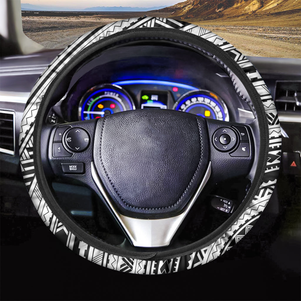 Black And White Maori Polynesian Print Car Steering Wheel Cover