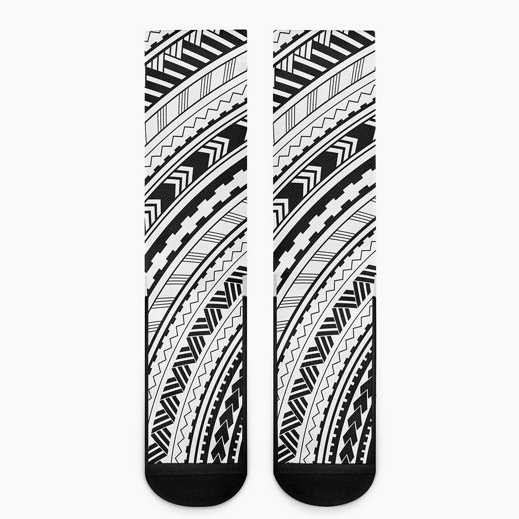 Black And White Maori Polynesian Print Crew Socks