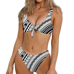 Black And White Maori Polynesian Print Front Bow Tie Bikini