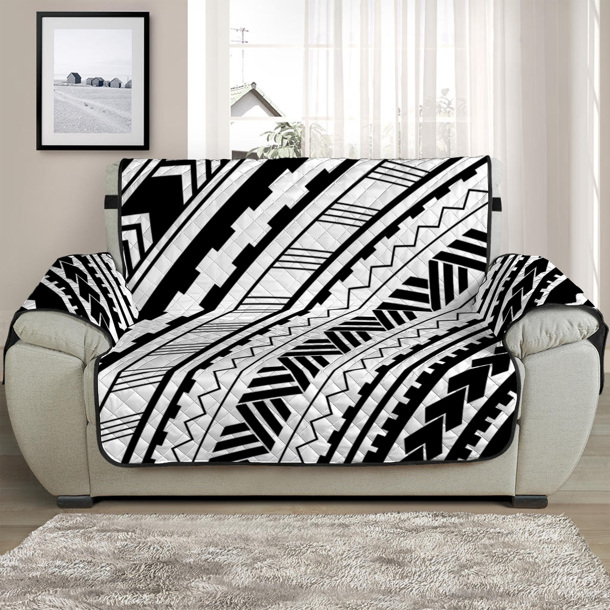 Black And White Maori Polynesian Print Half Sofa Protector