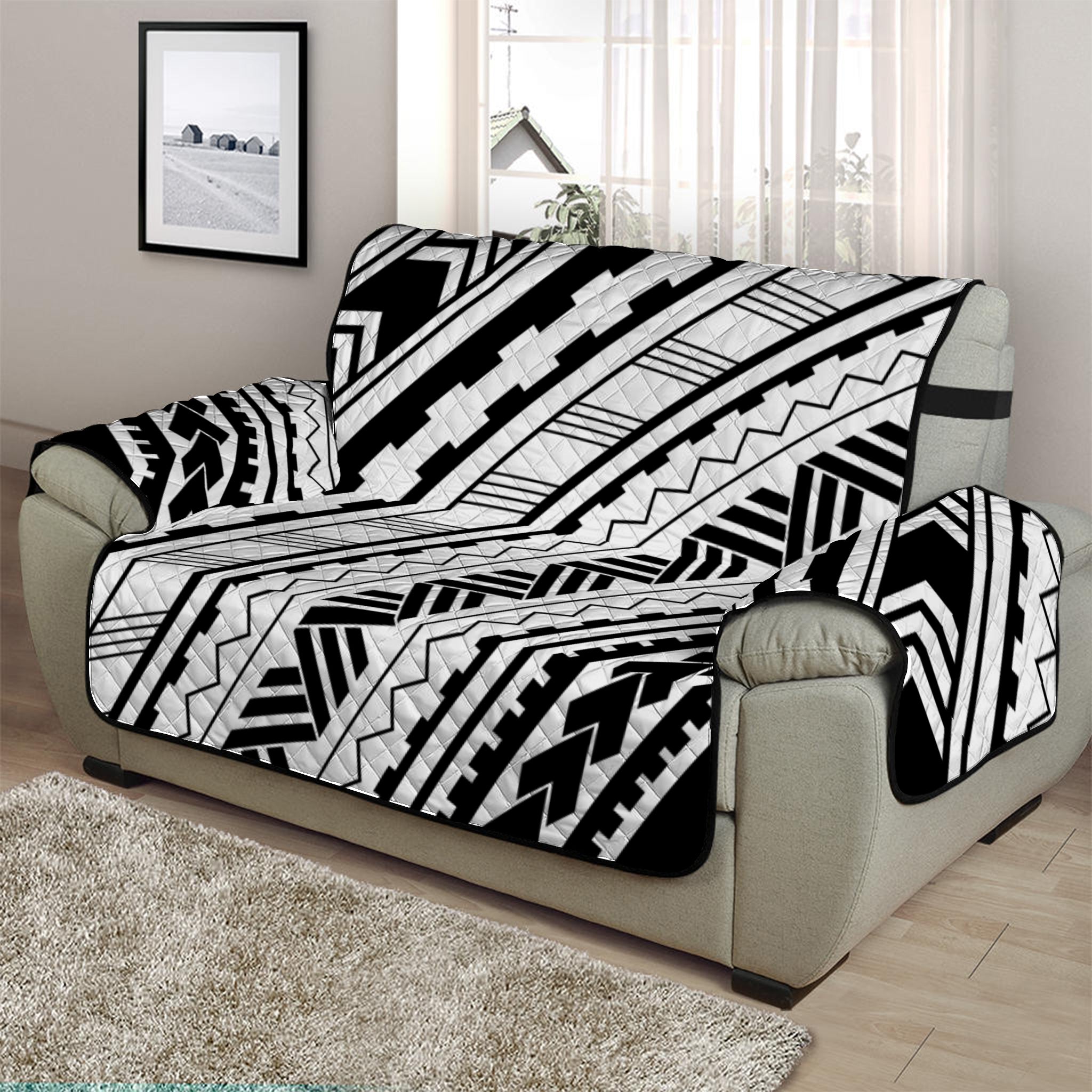 Black And White Maori Polynesian Print Half Sofa Protector