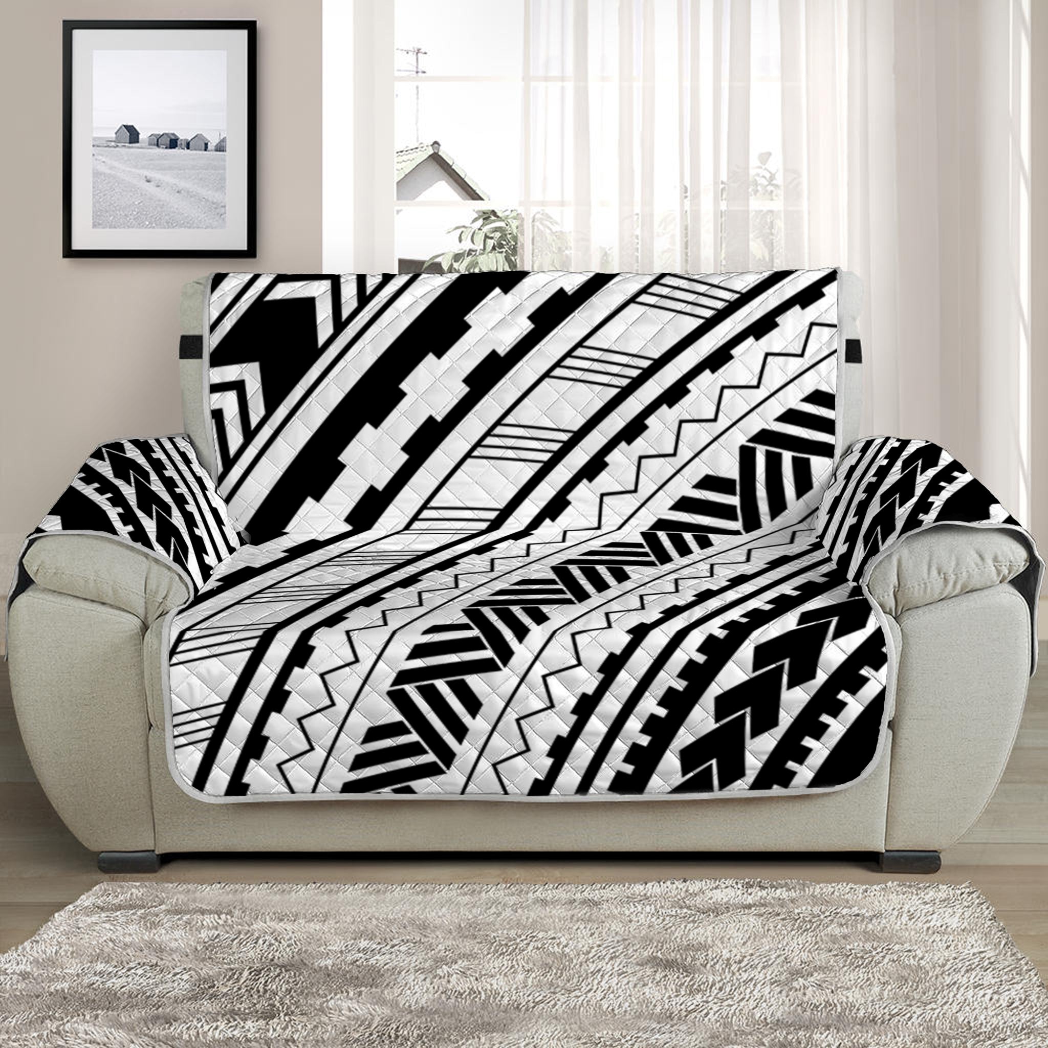 Black And White Maori Polynesian Print Half Sofa Protector