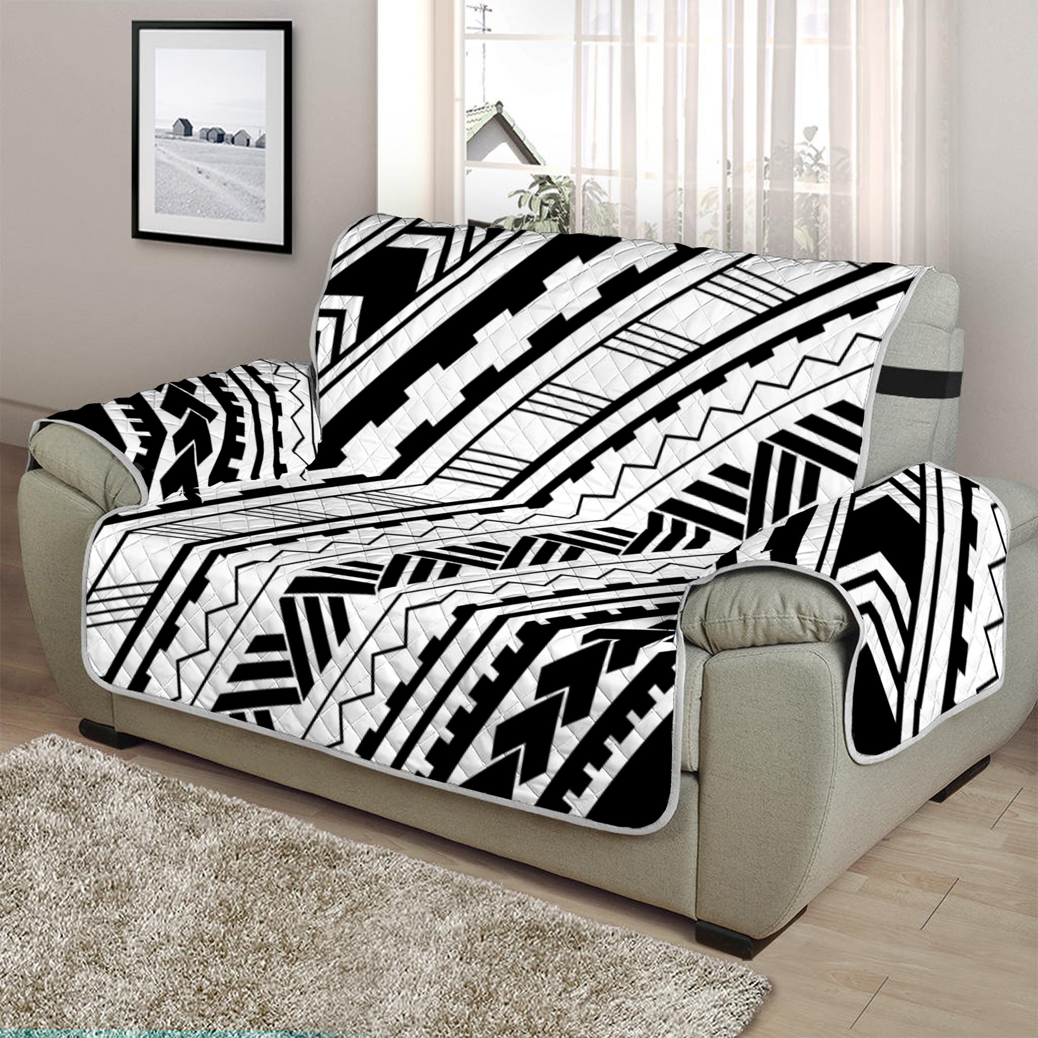 Black And White Maori Polynesian Print Half Sofa Protector